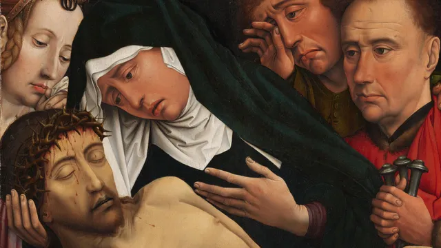 Maria en discipelen huilen bij het dode lichaam van Jezus op dit schilderij van Colijn de Coter.
