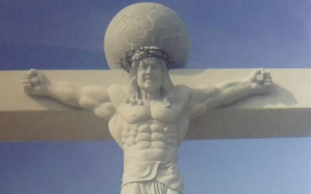 Jezus aan het kruis afgebeeld als gespierde persoon, als soort body builder.