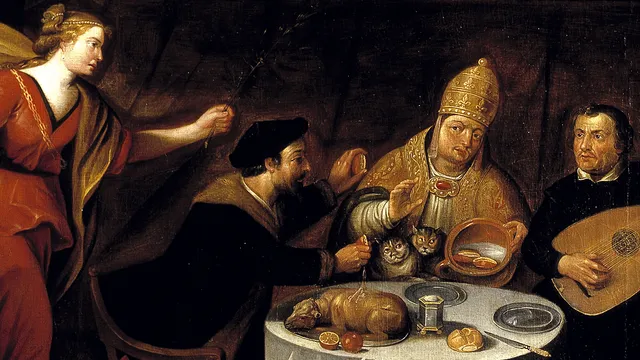 In een kroeg zitten Luther, Calvijn en de paus...